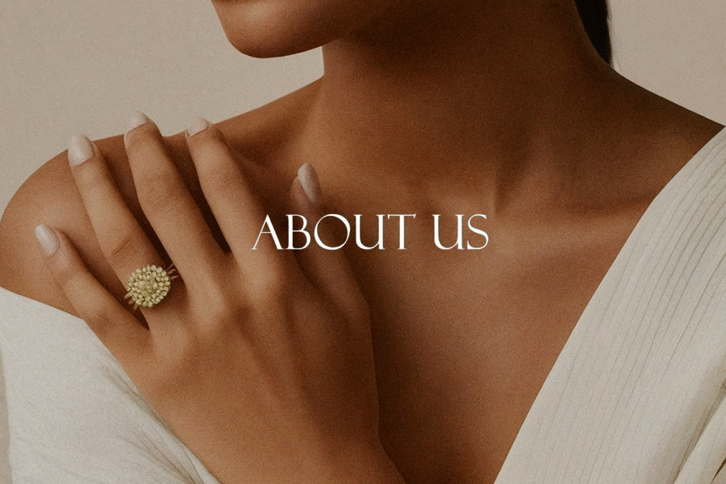 Close-up of a woman wearing an elegant ring, with “ABOUT US” written in white text at the center.